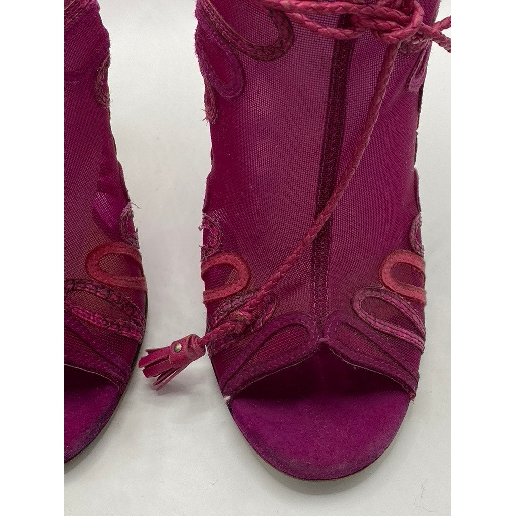 JIMMY CHOO Women's Magenta Kafira Mesh Peep-Toe Stiletto Booties SZ 38.5(US8.5)