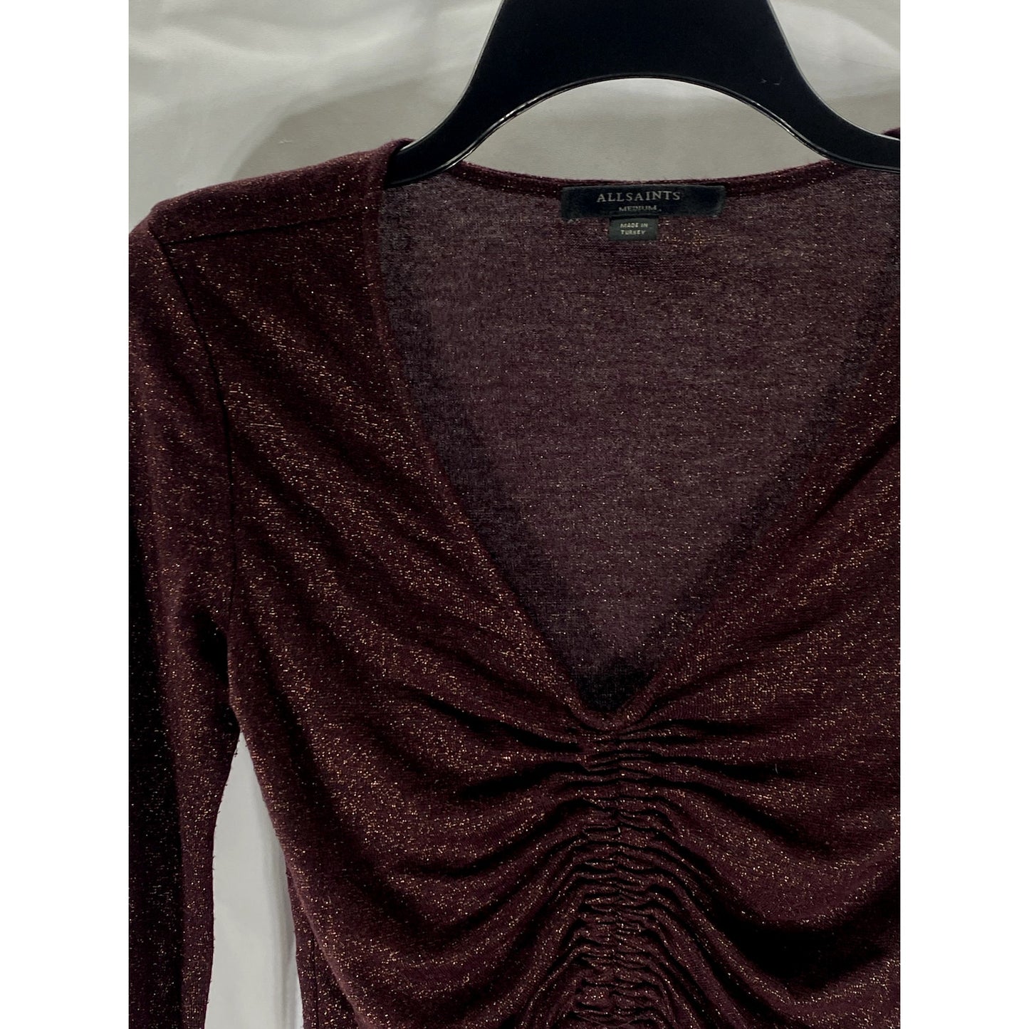 ALLSAINTS Women’s Metallic Rona Glitz Ruched Drawstring Long Sleeve Top SZ M