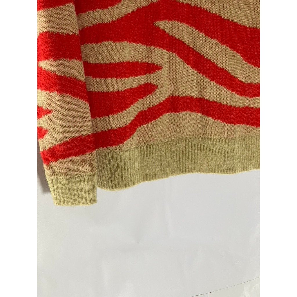 CLUB MONACO Women's Tan-Red Zebra Striped Crewneck Knit Pullover Sweater SZ S