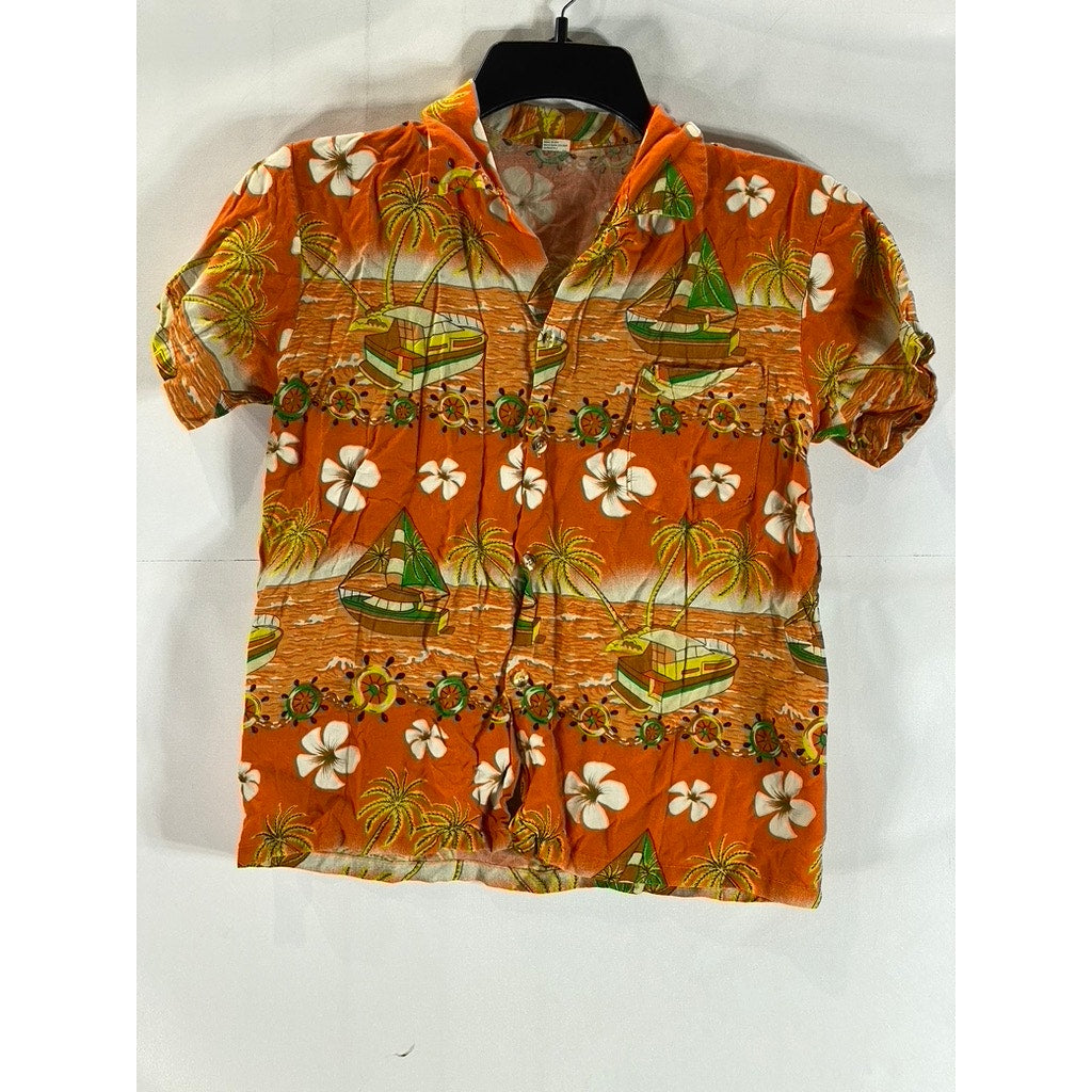 WOMEN'S Orange Tropical Floral Sailboat Print Button-Up Short Sleeve Top SZ 2XL