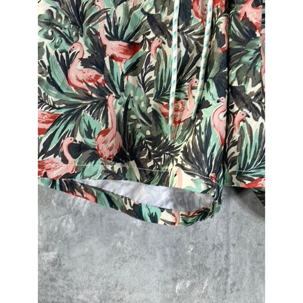 GOODFELLOW & CO Men's Green Palm Flamingo Print Drawstring Swimtrunks SZ M