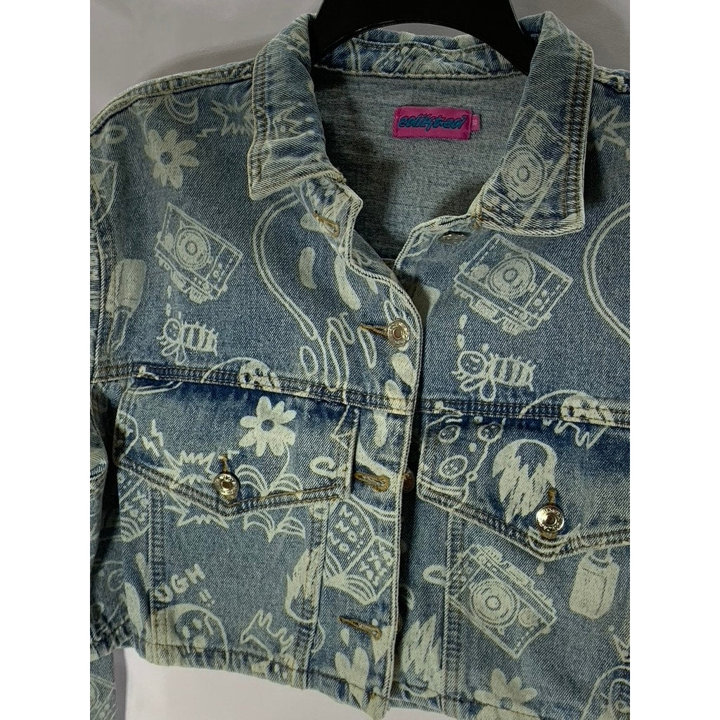 EDIKTED Women's Blue Malia Print Denim Long Sleeve Button-Up Cropped Jacket SZXS