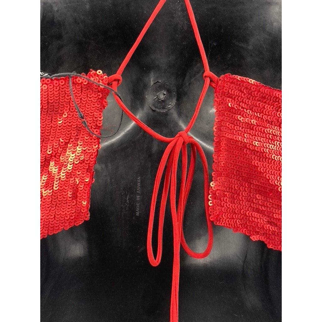 ZARA Women's Red Sequin Cowl-Neck Spaghetti Strap Cross Back Cropped Top SZ XS