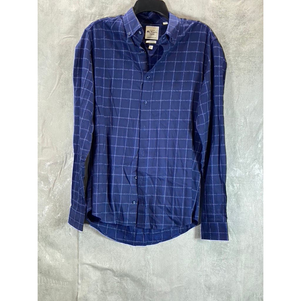 BEN SHERMAN Men's Navy Dobby Windowpane Stretch Skinny-Fit Dress Shirt SZ 16