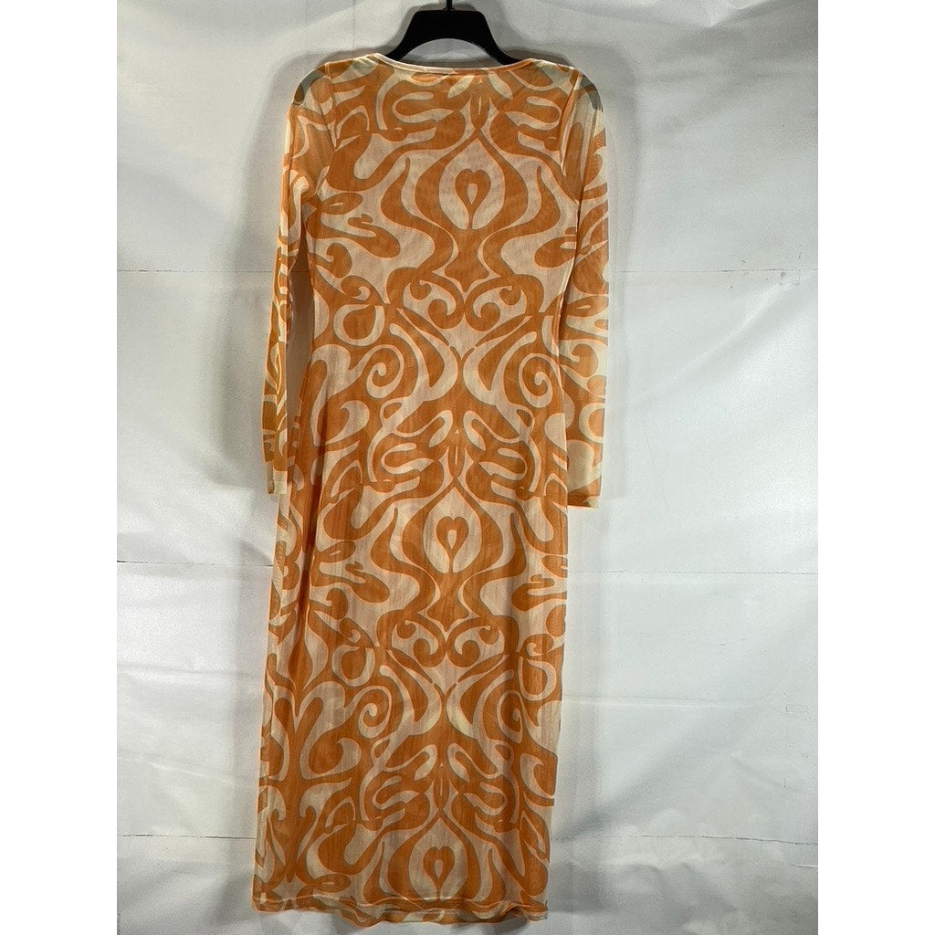 FIND ME NOW Women's Mesh Orange Creamsicle Dream On Long Sleeve Midi Dress SZ M