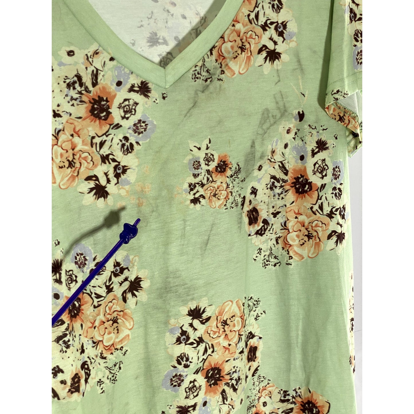 UNBRANDED Women's Light Green Floral Print V-Neck Short Sleeve Top SZ XL