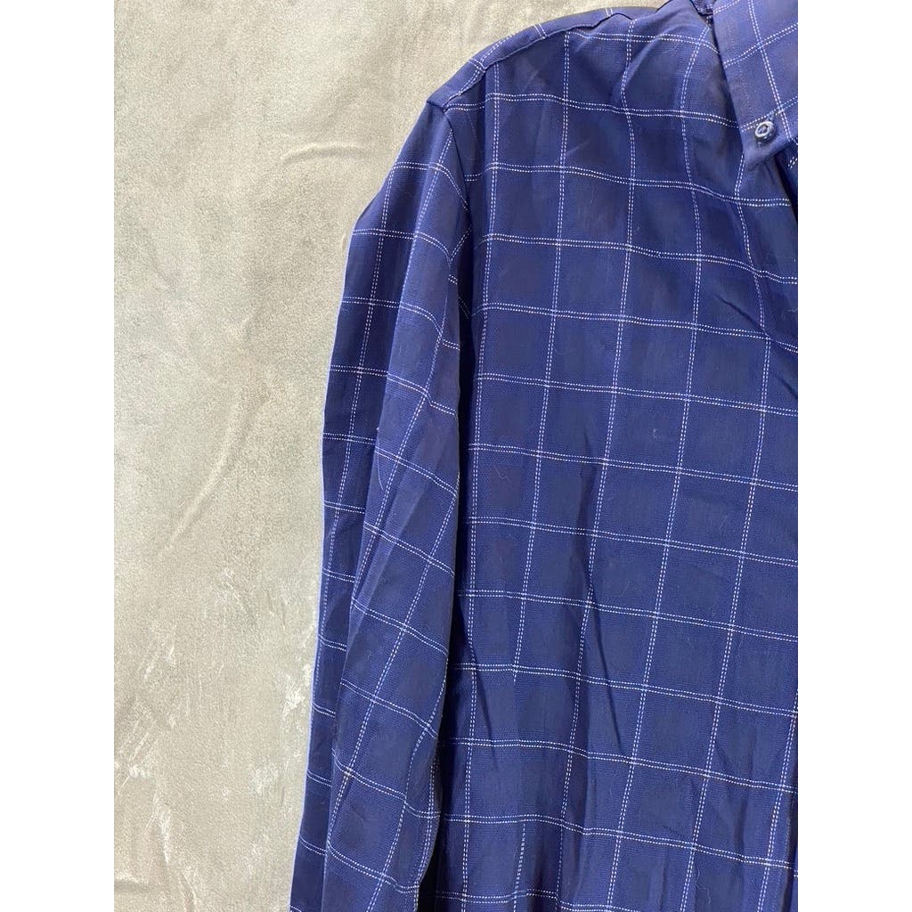 BEN SHERMAN Men's Navy Dobby Windowpane Stretch Skinny-Fit Dress Shirt SZ 16