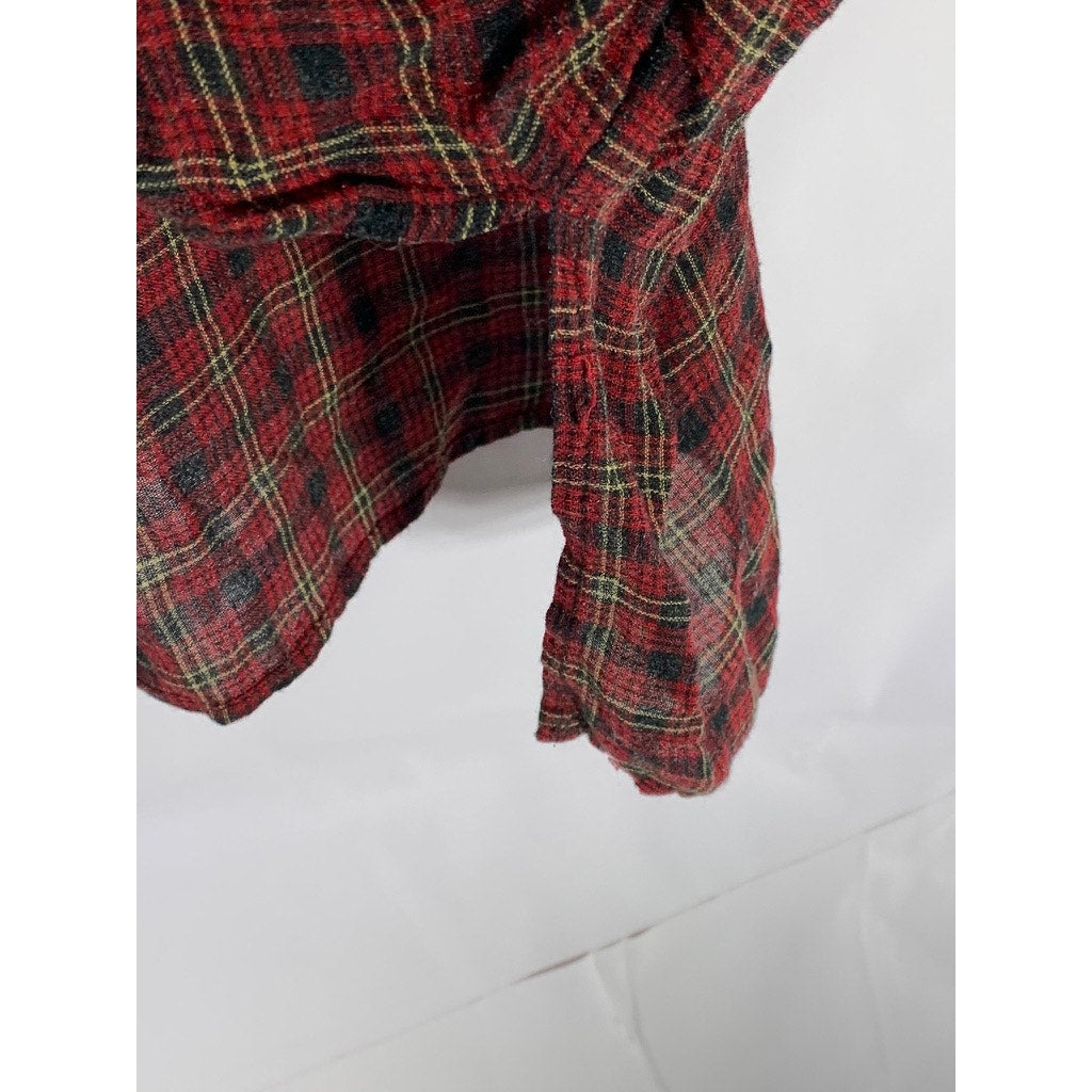 ZARA Women's Red/Green Plaid Long Sleeve Hi-Low Hem Henley Top SZ M