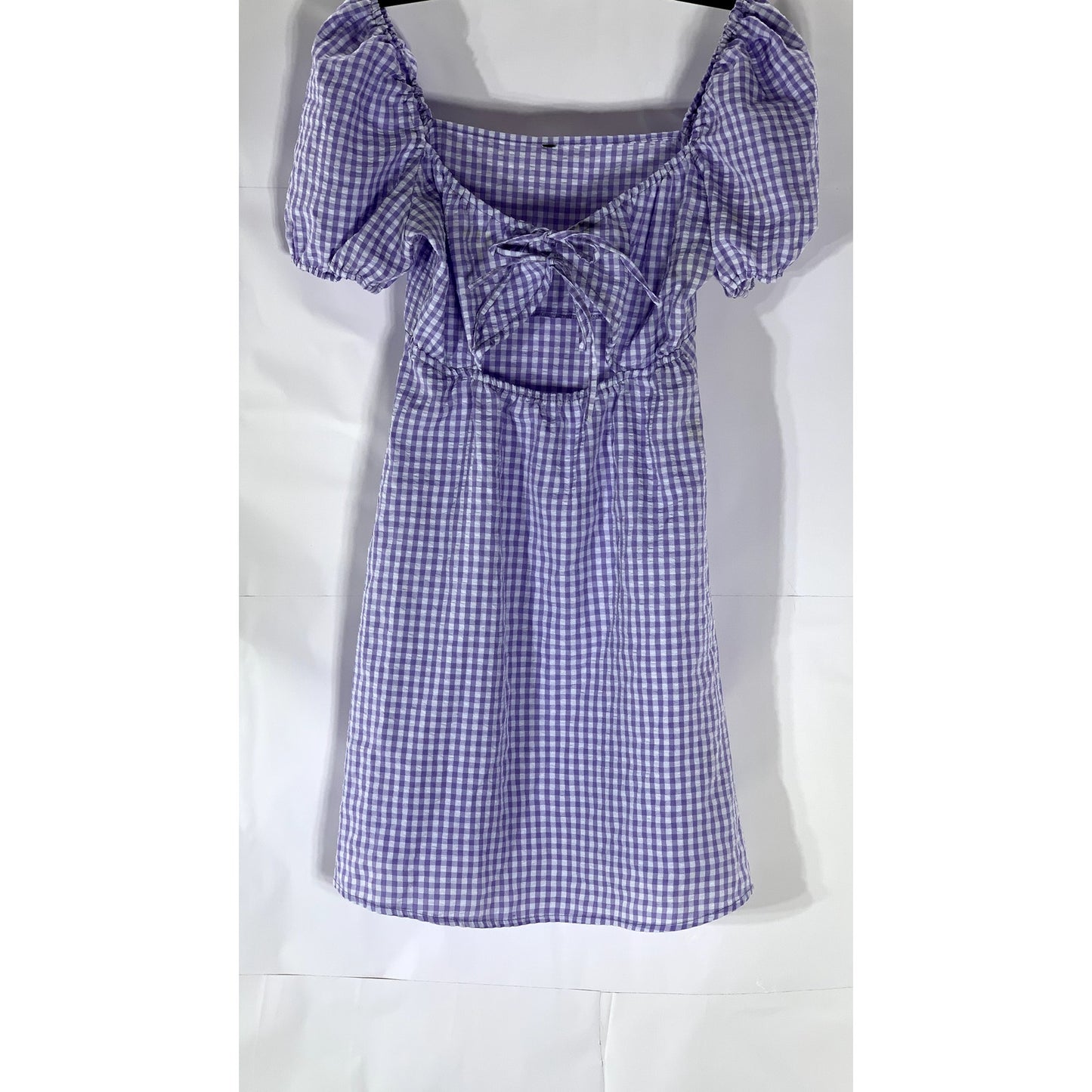 H&M Women's Purple-White Gingham Tie-Front Cutout Puff-Sleeve Mini Dress SZ XS