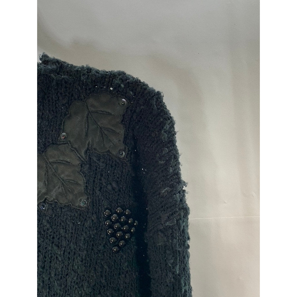 UNBRANDED Women's Black Beaded Floral Appliqué Crewneck Pullover Sweater SZ L