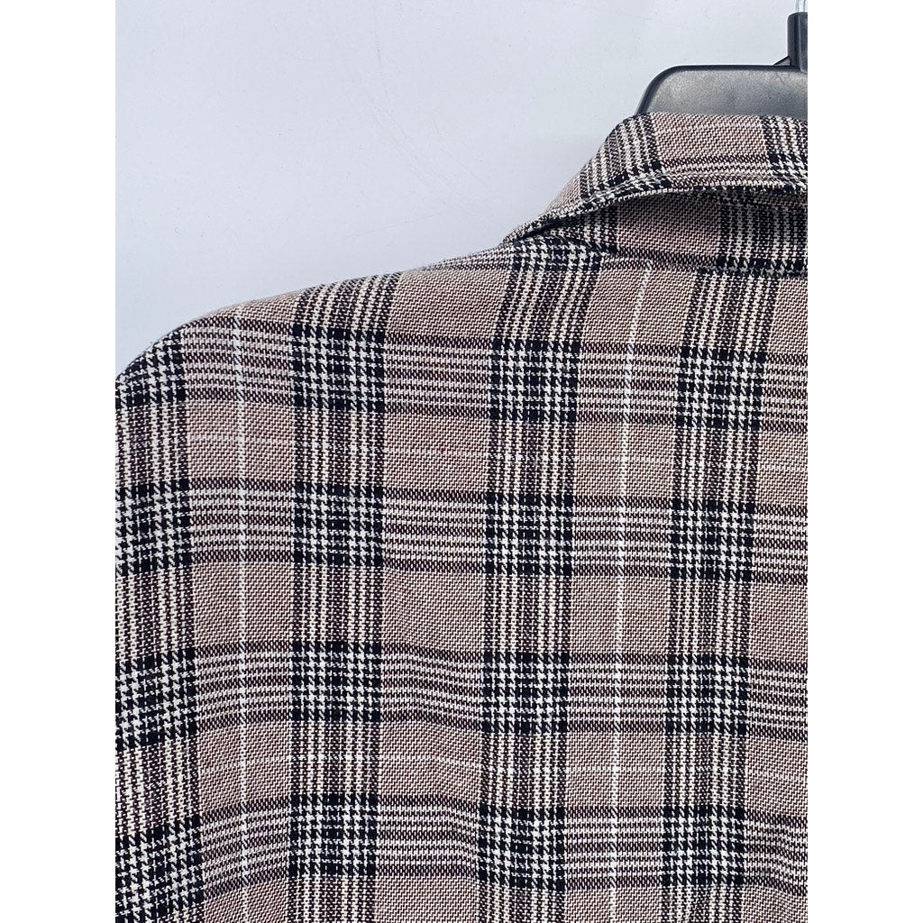 ZBCR Women's Tan-Black Plaid Buckle Closure Notch Collar Blazer SZ M