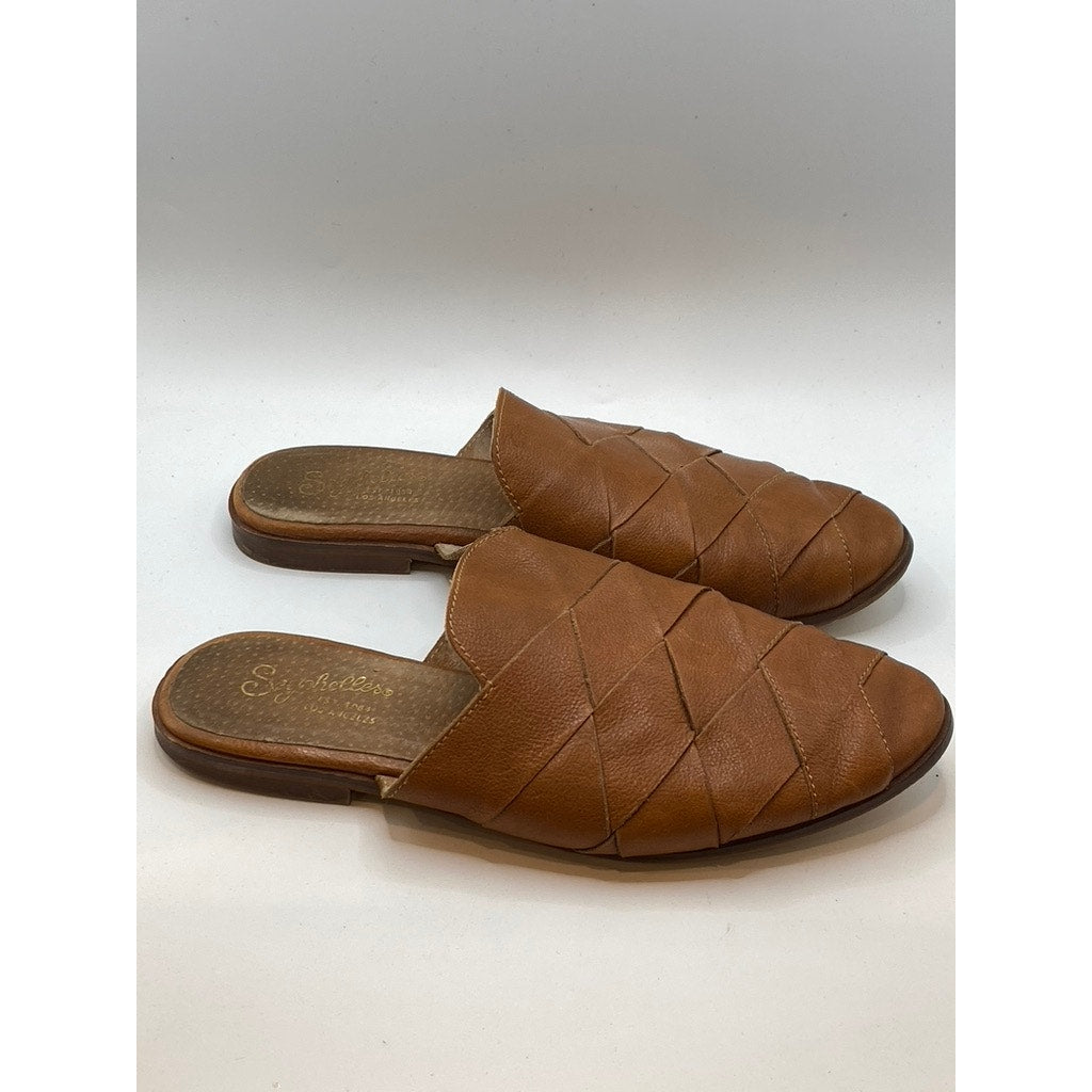SEYCHELLES Women's Cognac Leather Almond-Toe Slip-On Flat Mule Shoes SZ 7.5