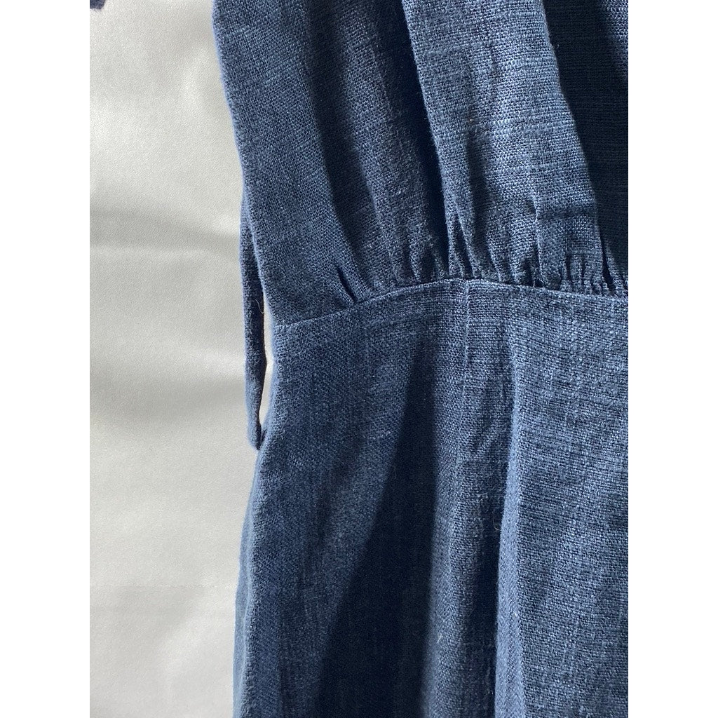 STAUD Women's Navy Linen-Blend Half-Button Wide-Leg Short Sleeve Jumpsuit SZ 2