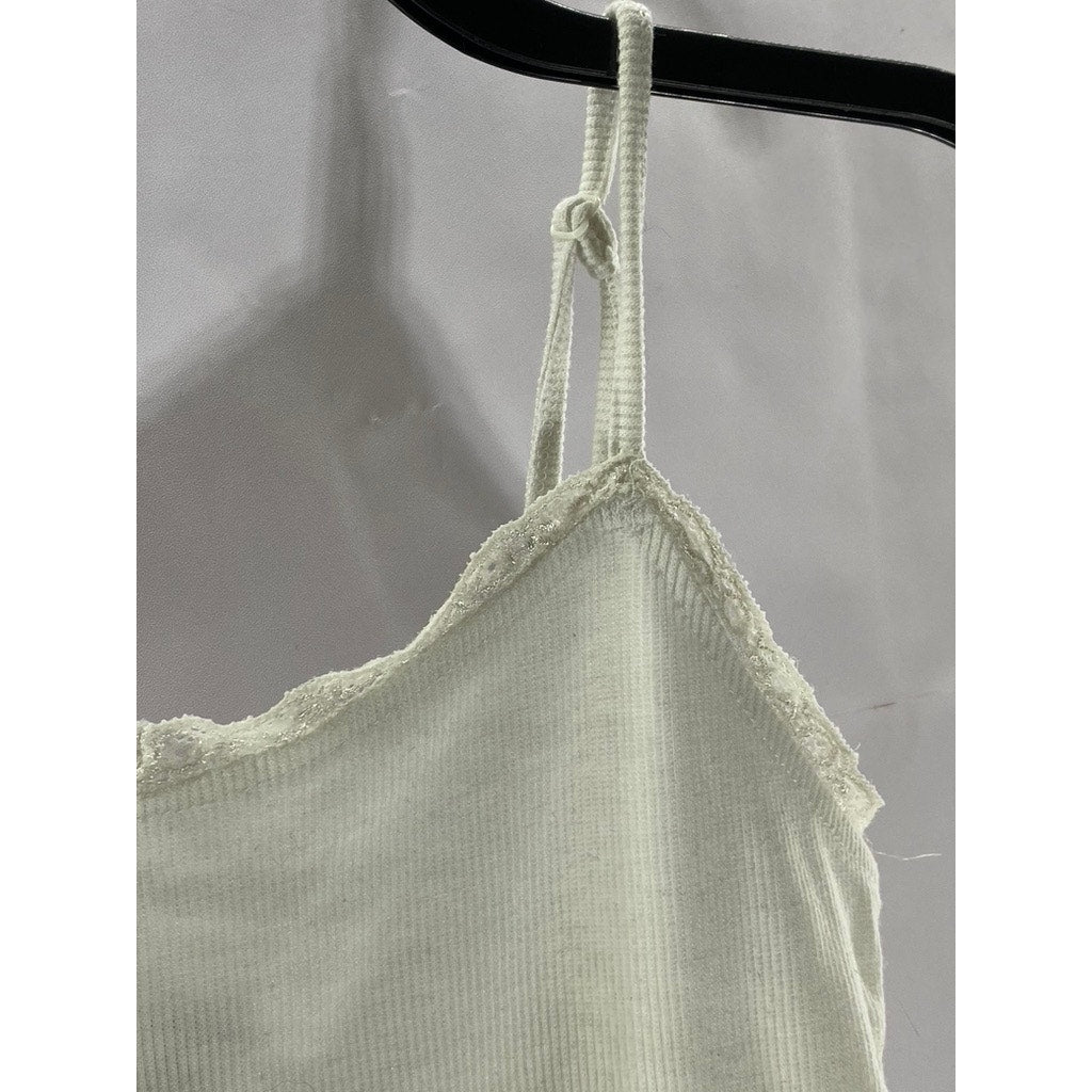 SHEIN Women's White Ribbed Lace-Trim Scoop-Neck Cropped Tank Top SZ XS