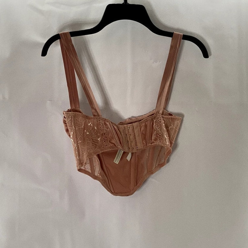 OUT FROM UNDER Women's Pink Satin Lace Hook & Loop Corset Crop Top SZ S