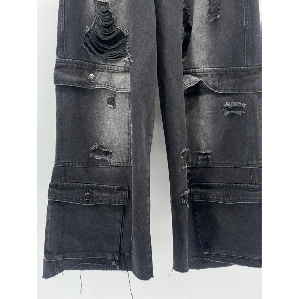 AMERICAN BAZI Women's Black Denim Distressed Baggy-Fit Wide-Leg Y2K Jeans SZ L