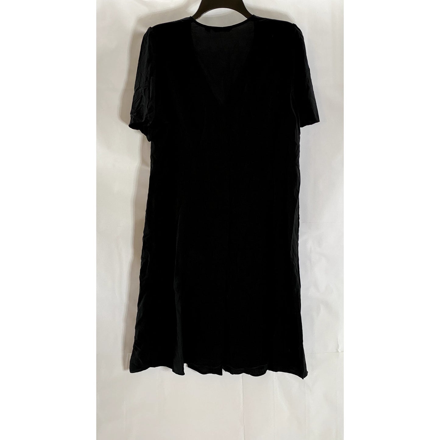 UNIQLO Women's Black Solid V-Neck Short Sleeve Button-Front Midi Dress SZ L