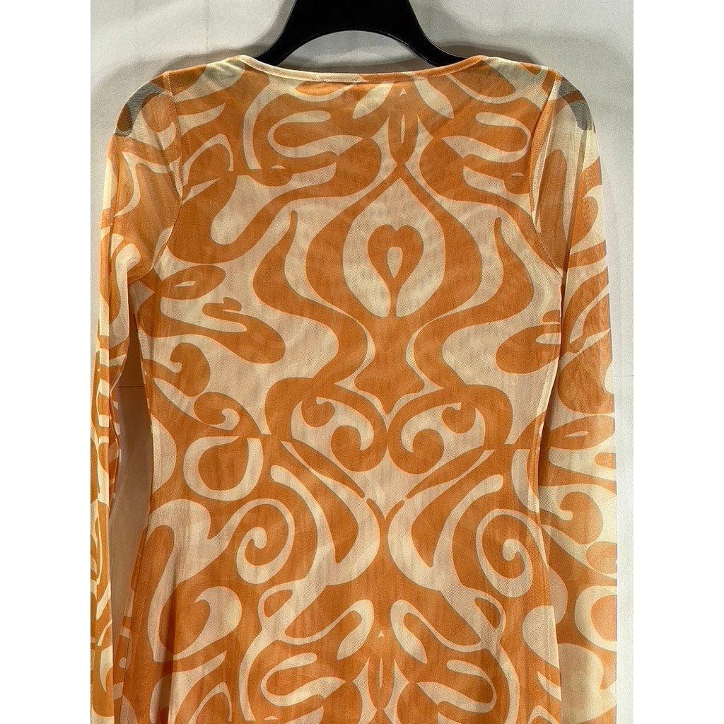 FIND ME NOW Women's Mesh Orange Creamsicle Dream On Long Sleeve Midi Dress SZ M