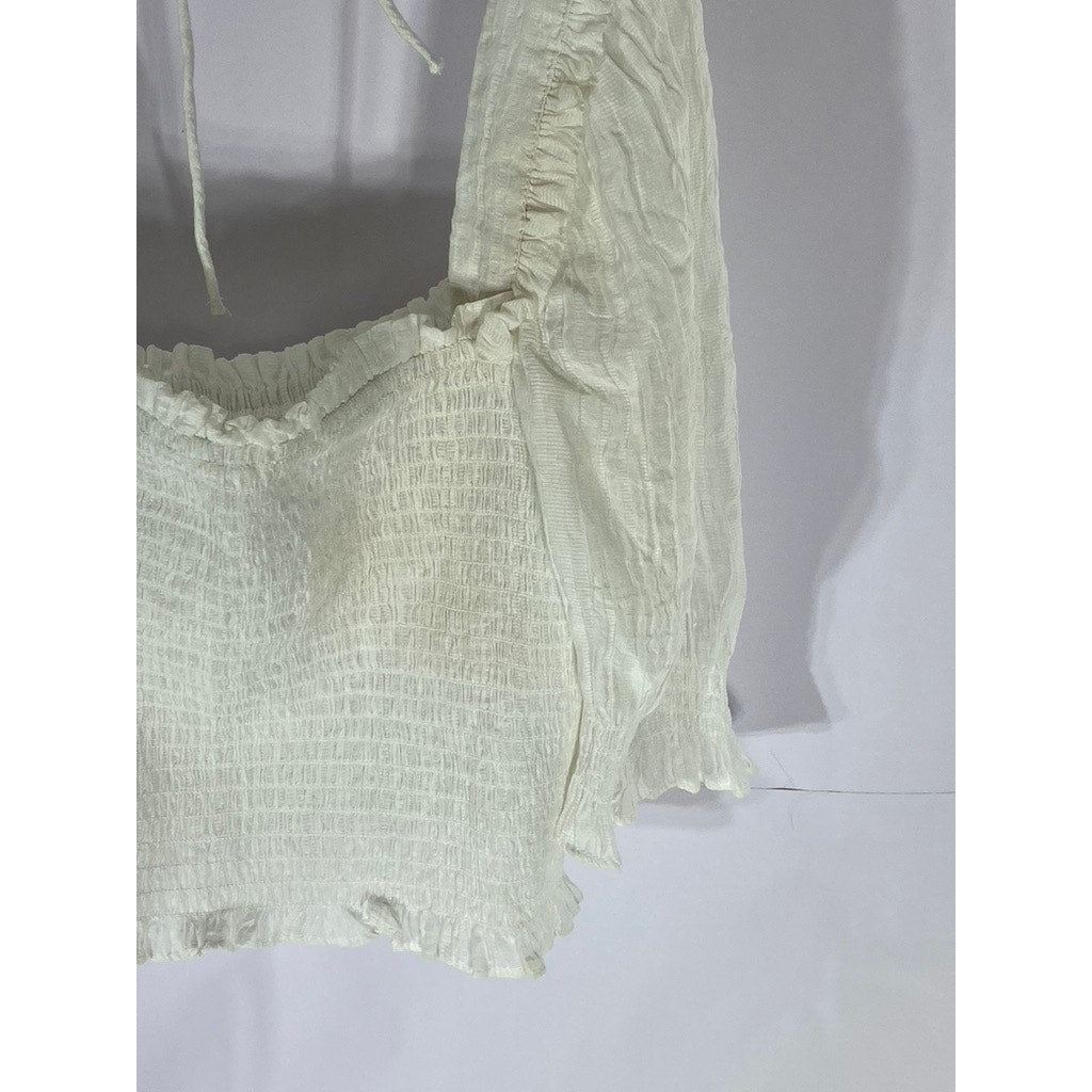 H&M Women's White Smocked Conscious Choice Puff-Sleeve Crop Top SZ S