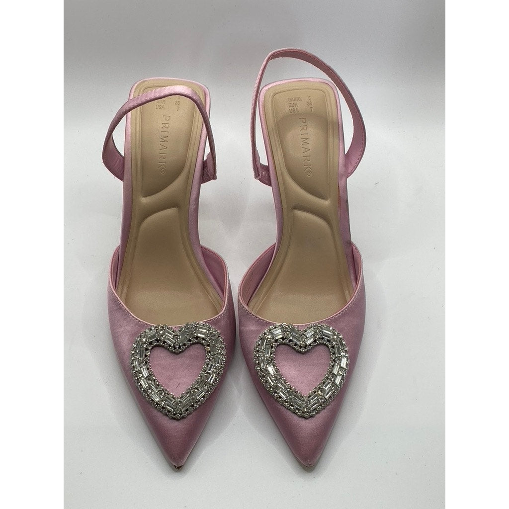 PRIMARK Women's Pink Satin Rhinestone Heart Pointed Toe Stiletto Sandals SZ 7