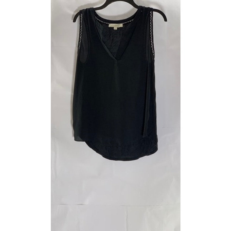 LOFT Women's Black V-Neck Cutout Knit Trim Sleeveless Sheer Top SZ S