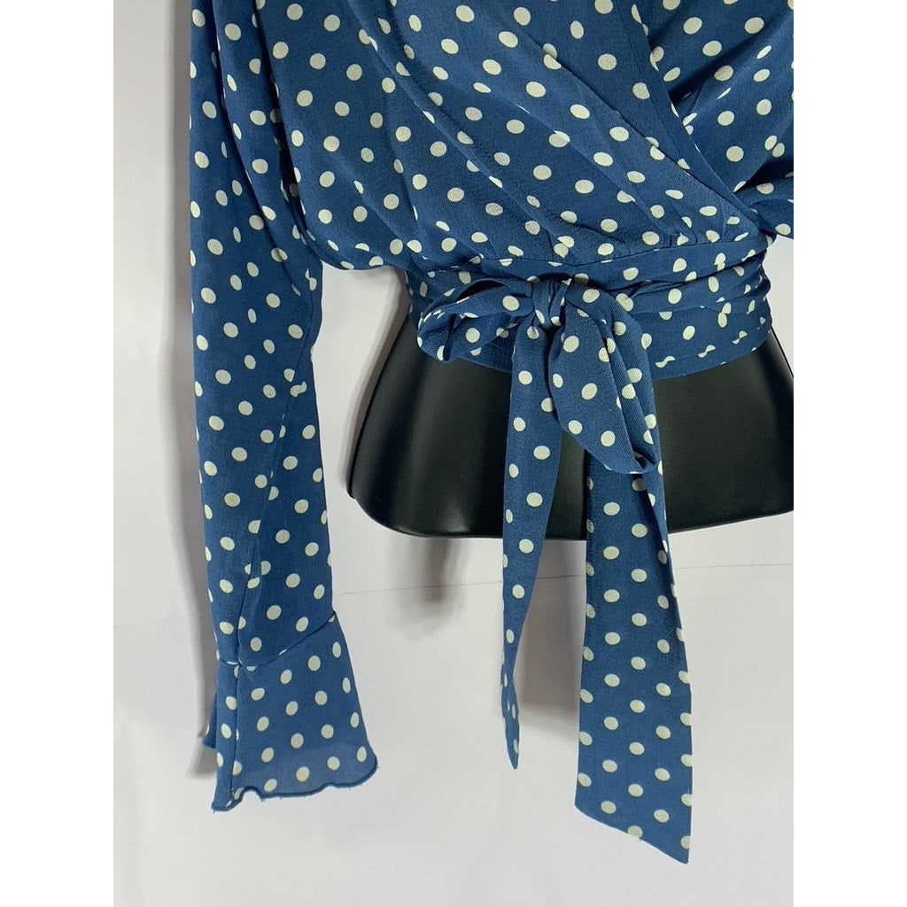 FIVESEVENTYFIVE Women's Blue/White Polka Dot Long Bell Sleeve Wrap Top SZ S