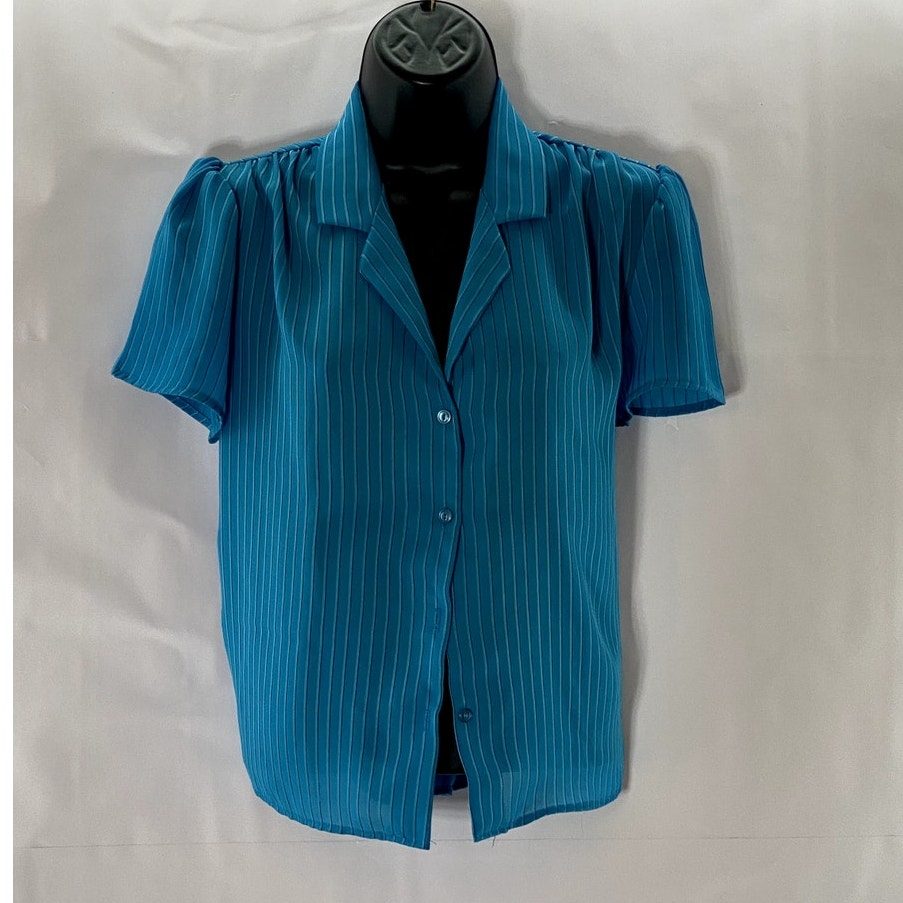 SO WHAT! Of California Women's Blue Striped V-Neck Button-Up Blouse SZ M