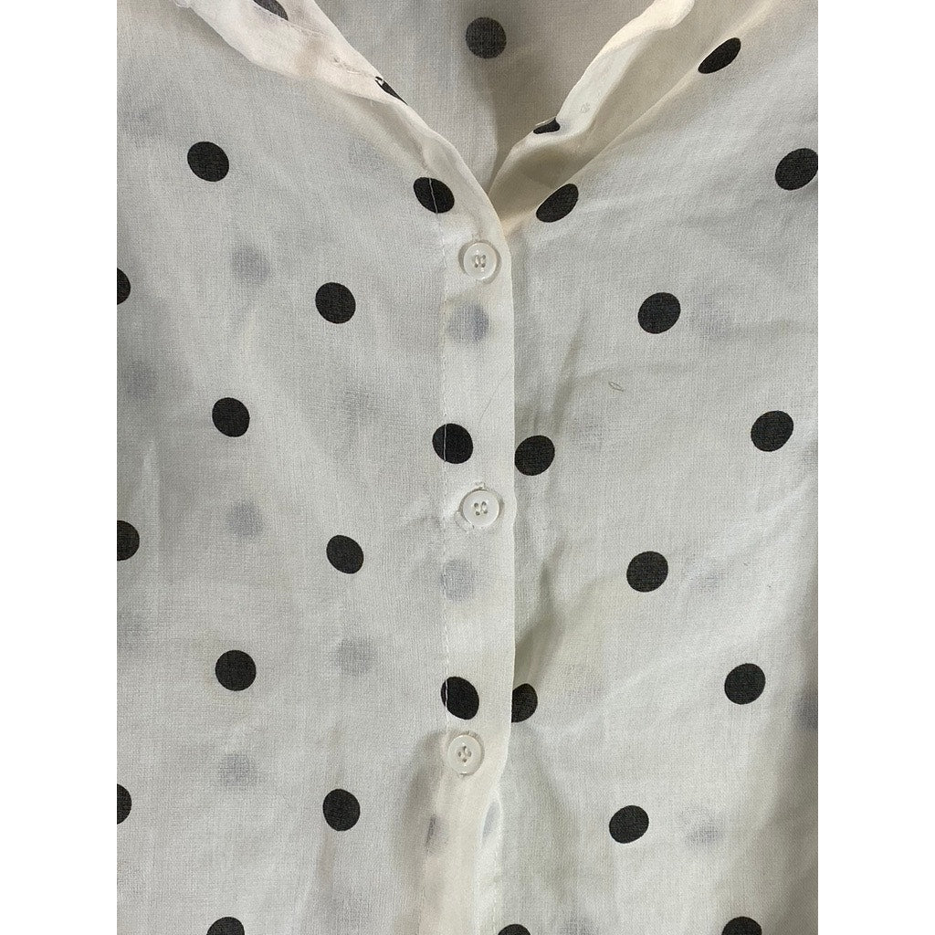 UNBRANDED Women's White/Black Polka Dot Short Sleeve Button-Up Crop Top SZ M