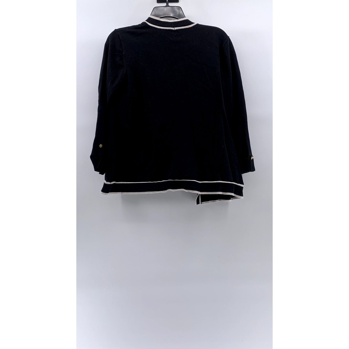 ANNE KLEIN Women's Black-White Malibu Open-Front Collarless Cardigan SZ M