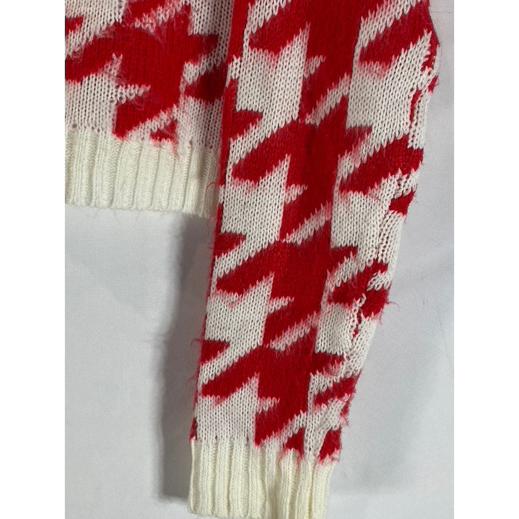 KLESIS Women's Cream/Red Houndstooth Crewneck Knit Cropped Sweater SZ M/L