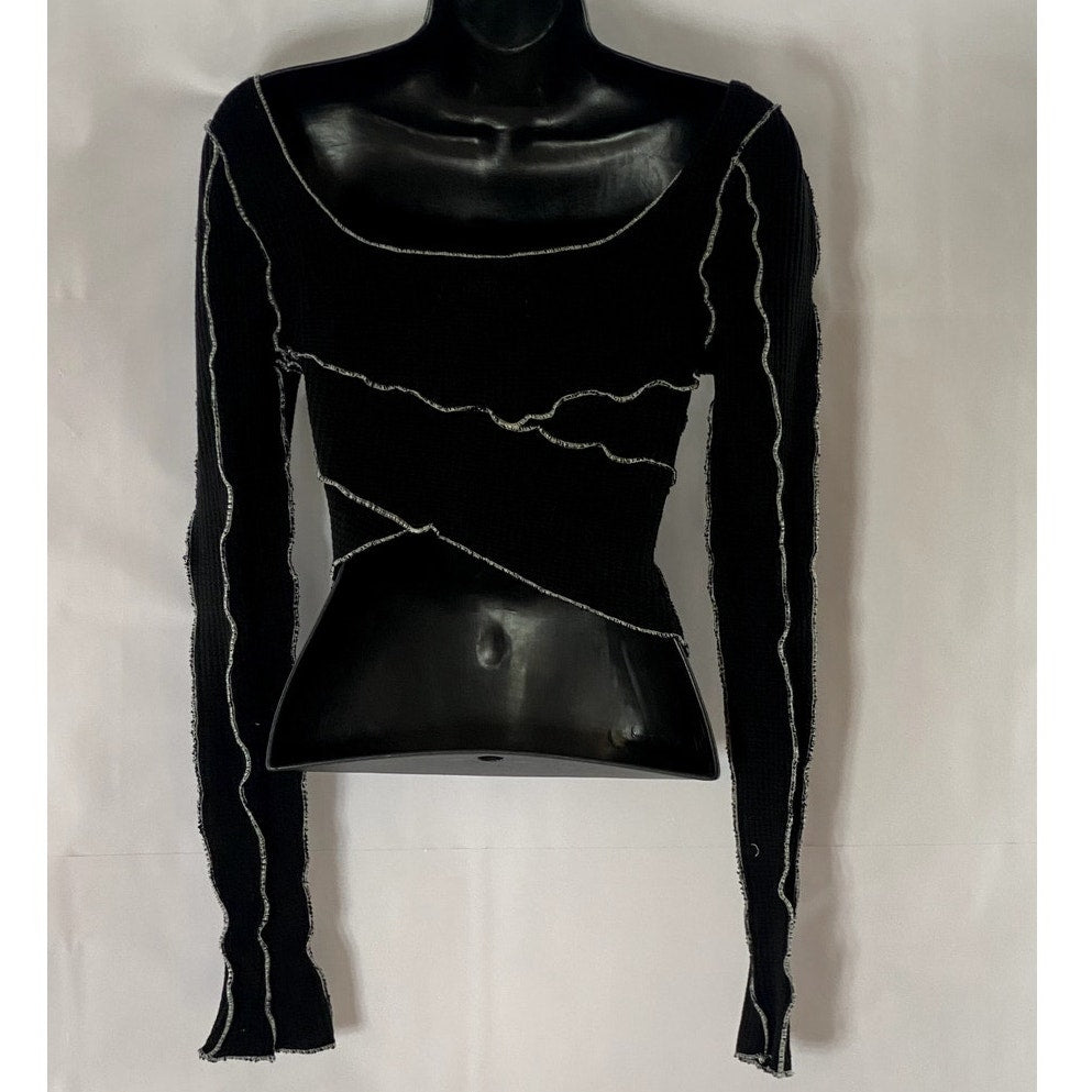 OR CLOTHING Women's Black/White Waffle Knit Overstitch Asymmetrical Top SZ S