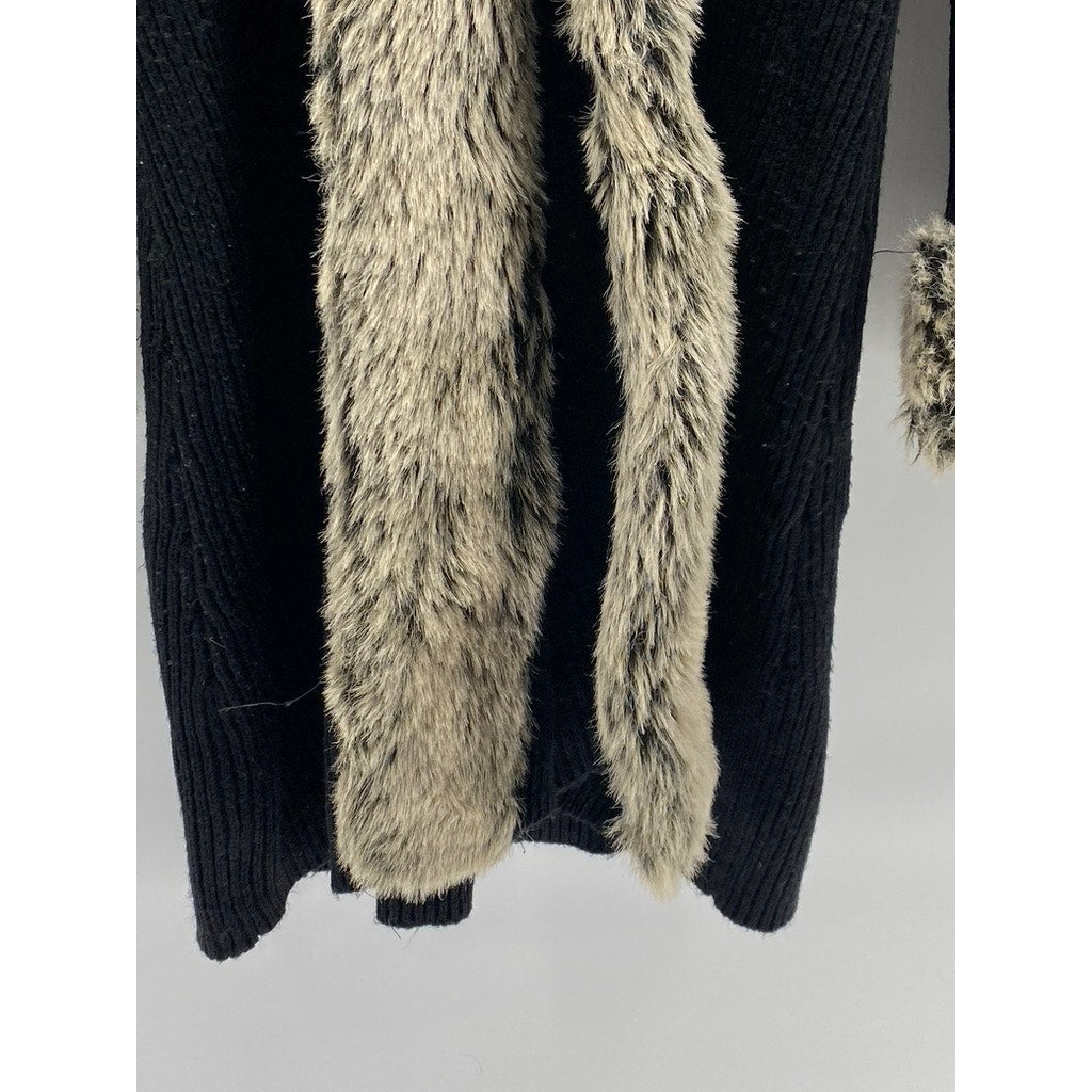 CHRISTIE & JILL Women's Vintage Black Rib Faux Fur Long Sleeve Long Duster SZ L