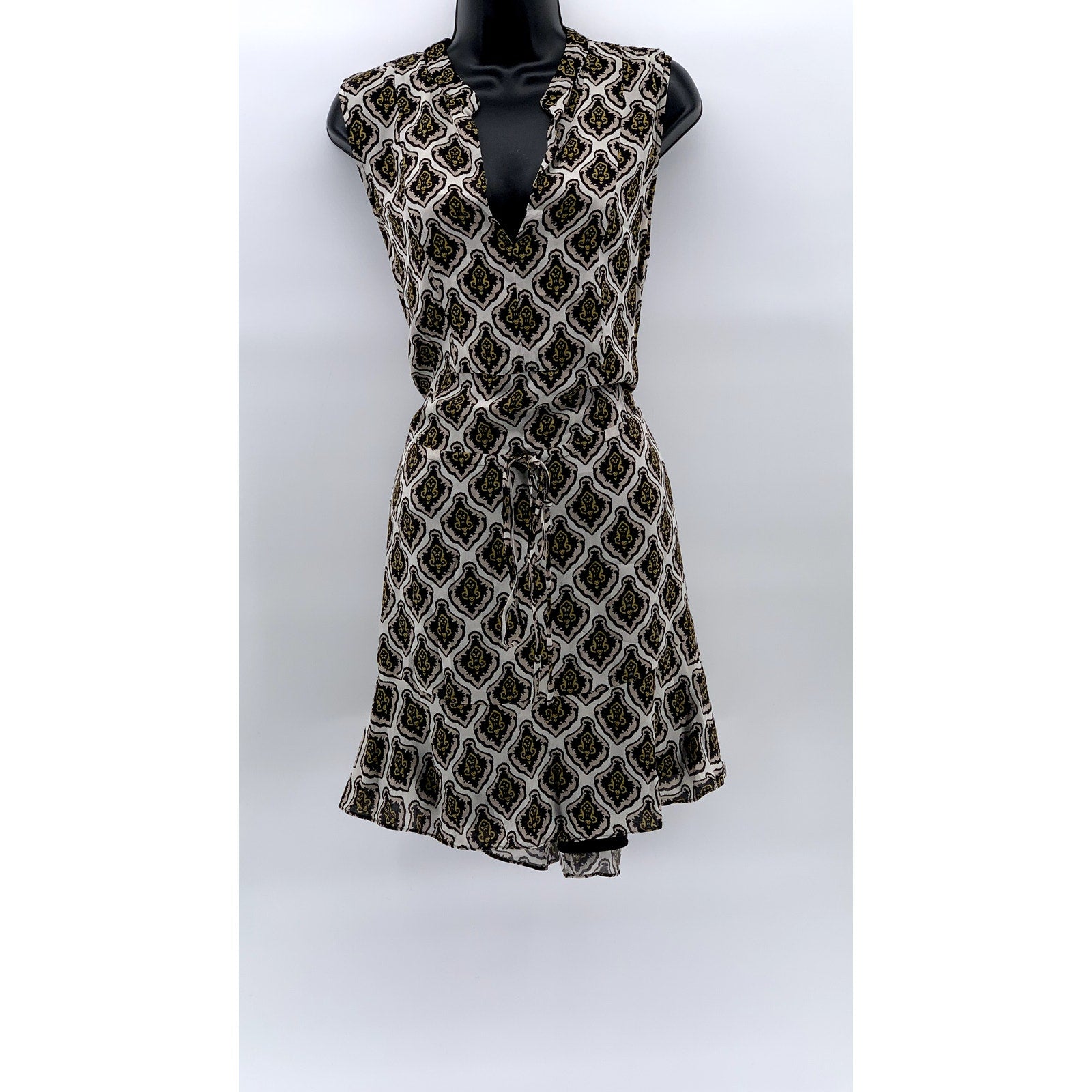 A.L.C Women’s Cream Printed Calder Sleeveless Tie-Waist Mini A-line Dress SZ 8