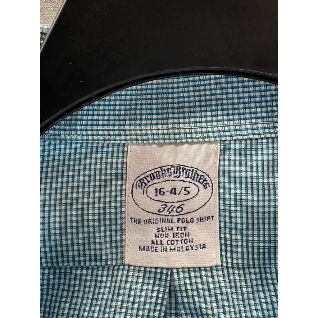 BROOKS BROTHERS 346 Men's Aqua Gingham Original Polo Slim-Fit Dress Shirt SZ 16