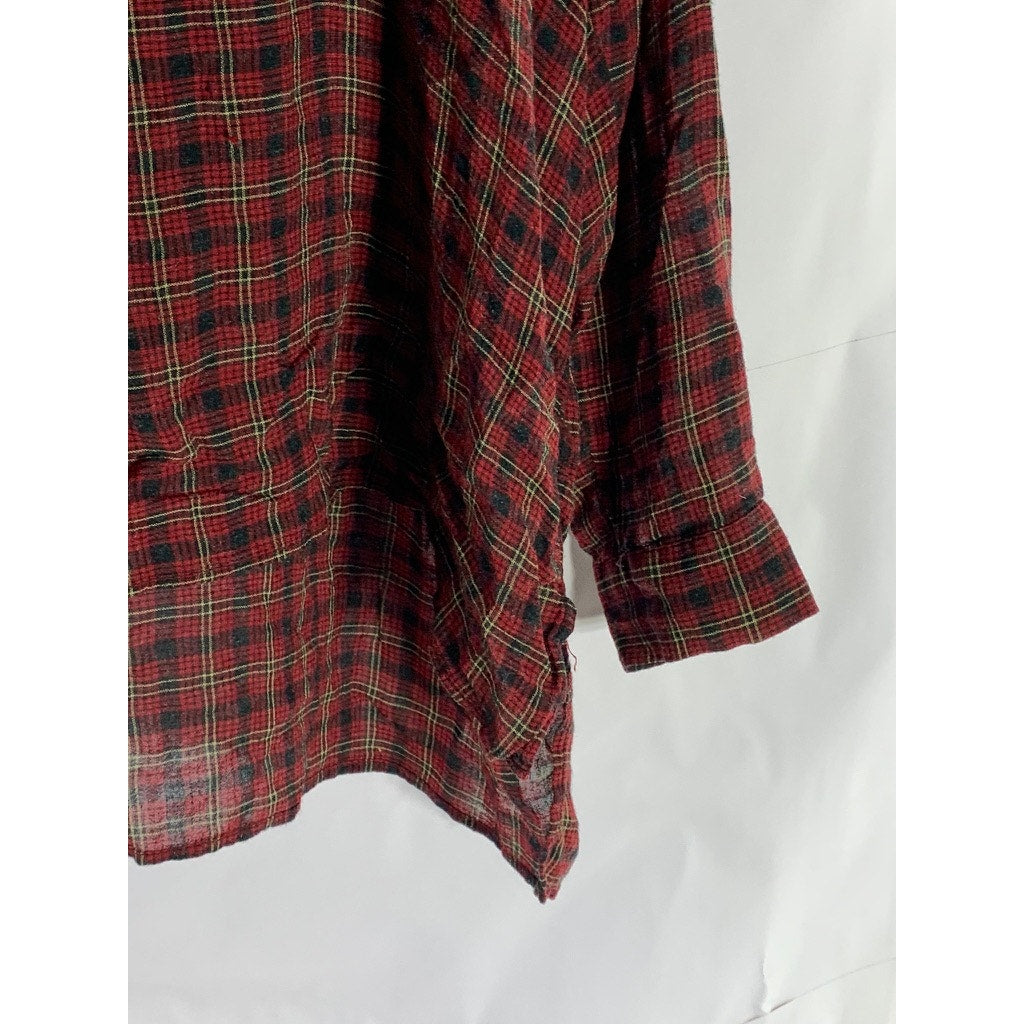 ZARA Women's Red/Green Plaid Long Sleeve Hi-Low Hem Henley Top SZ M