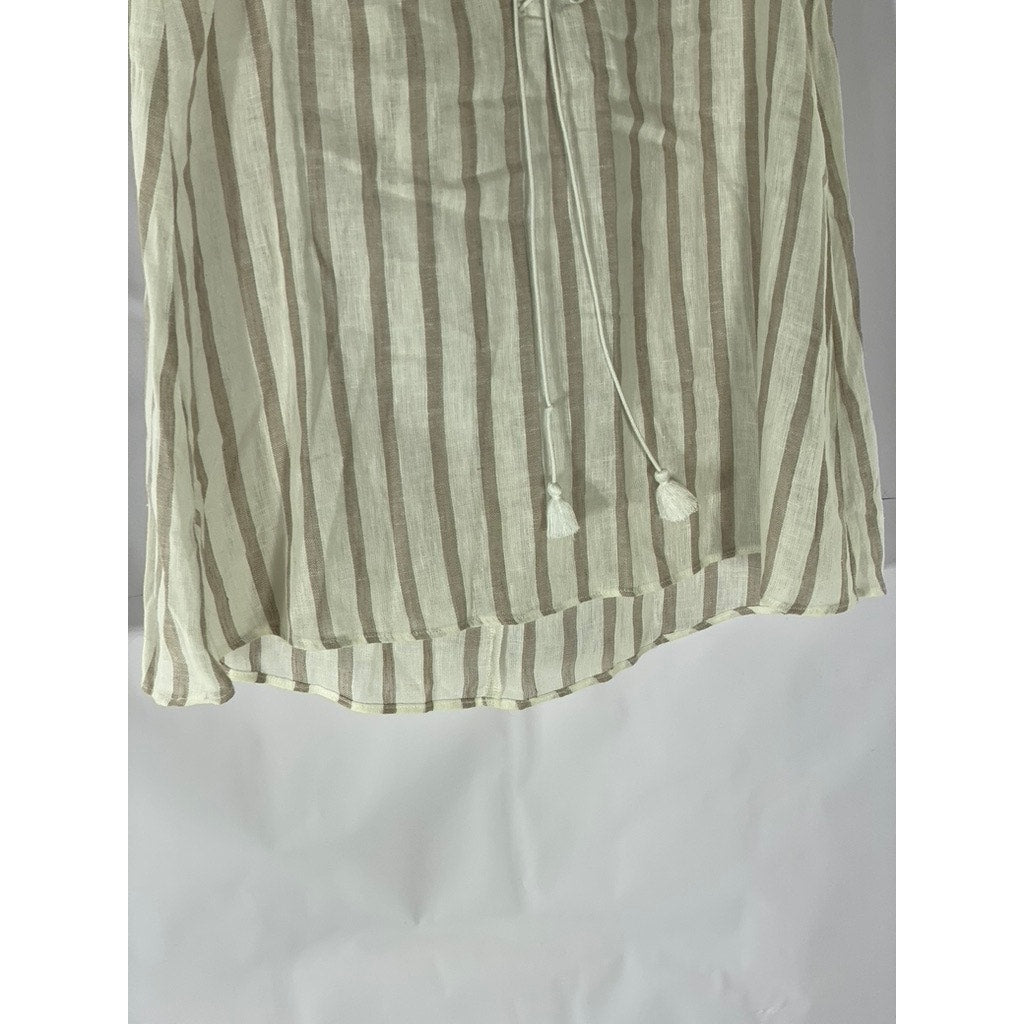 ZARA BASIC Women’s Beige Striped Tie-Neck Sleeveless Cotton-Linen Top SZ S