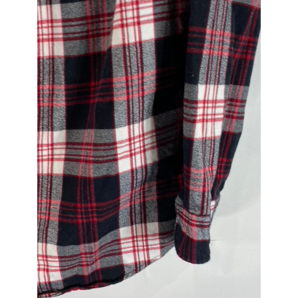 LANDS' END Men's Red/Black Plaid Traditional-Fit Button-Up Long Sleeve Shirt SZM