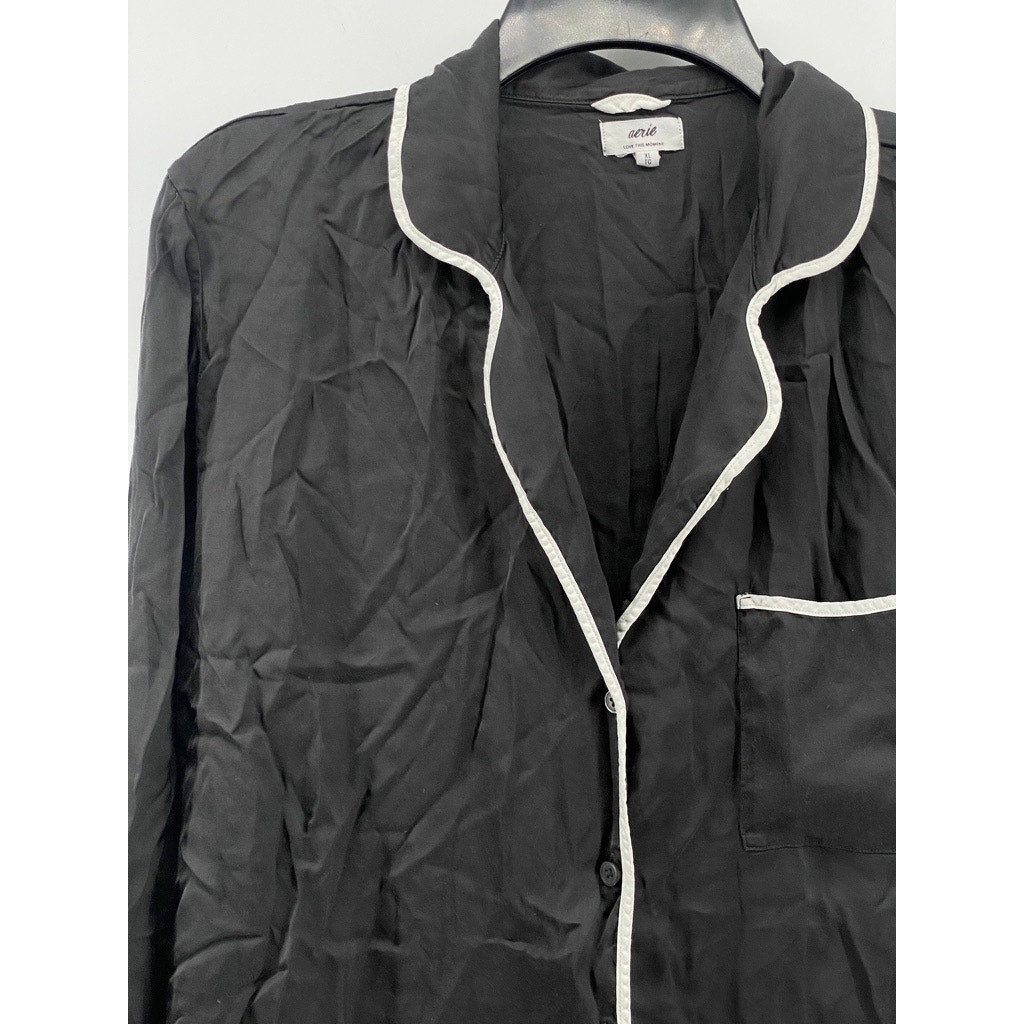 AERIE Women's Black Long Sleeve Button-Up Collared Pajama Top SZ XL
