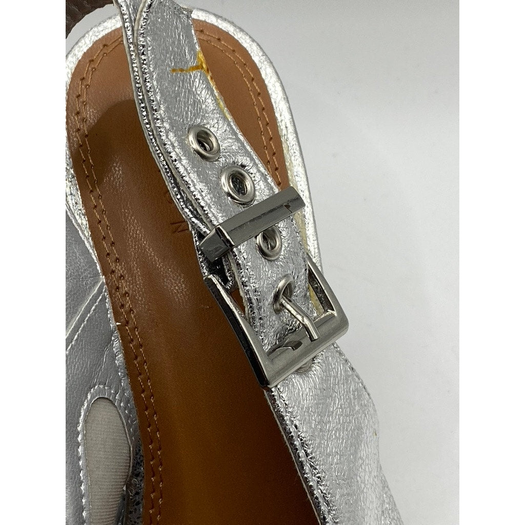 ASOS DESIGN Women's Silver Metallic Pointed-Toe Slingback Block Heel Pumps SZ 7