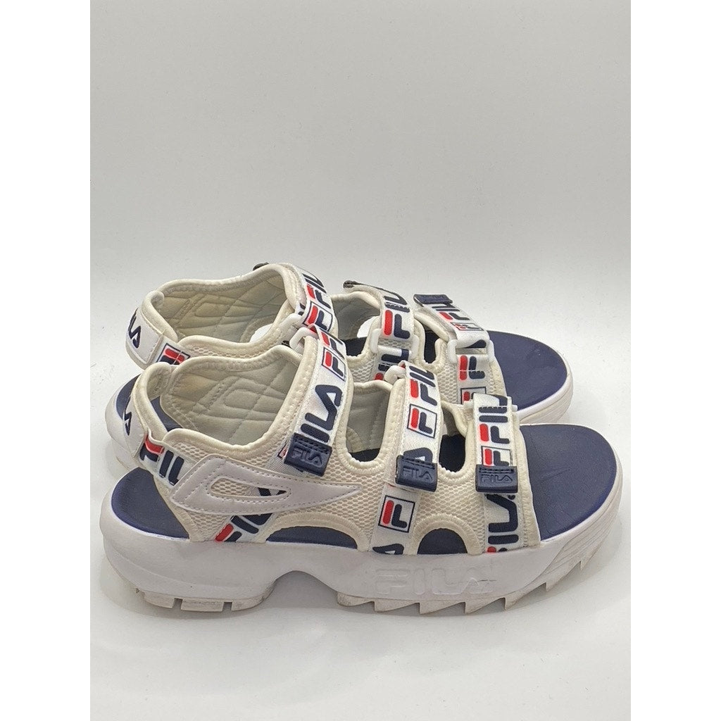 FILA Men's White-Blue Hook & Loop Strappy Chunky Open-Toe Disrupter Sandals SZ 8