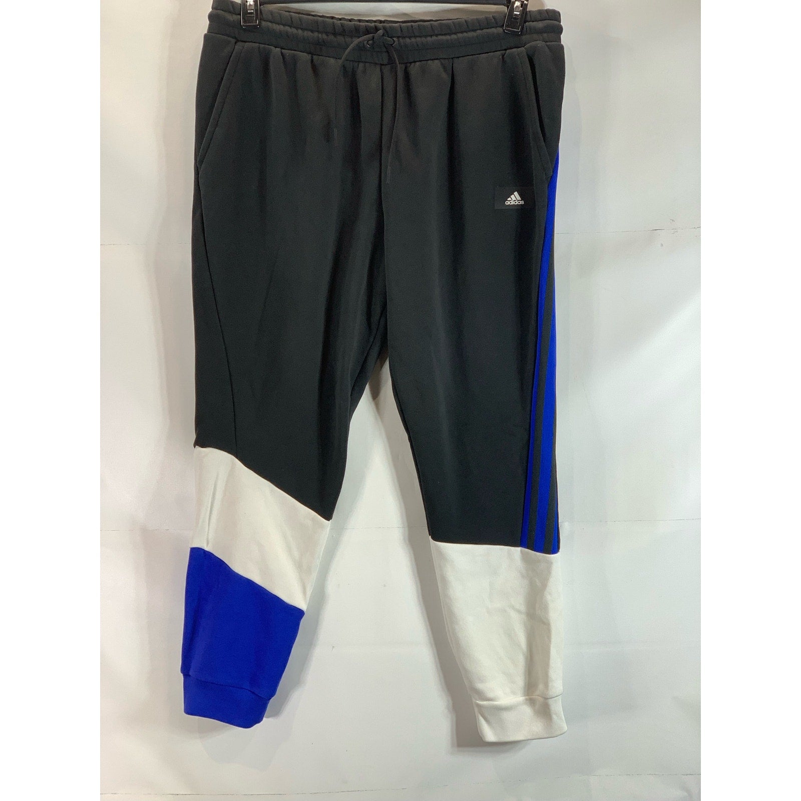 ADIDAS Men's Black/Blue/White Colorblock Fleece Drawstring Pull-On Pants SZ 2XL