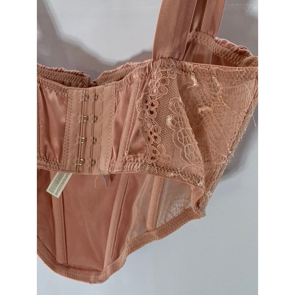 OUT FROM UNDER Women's Pink Satin Lace Hook & Loop Corset Crop Top SZ S
