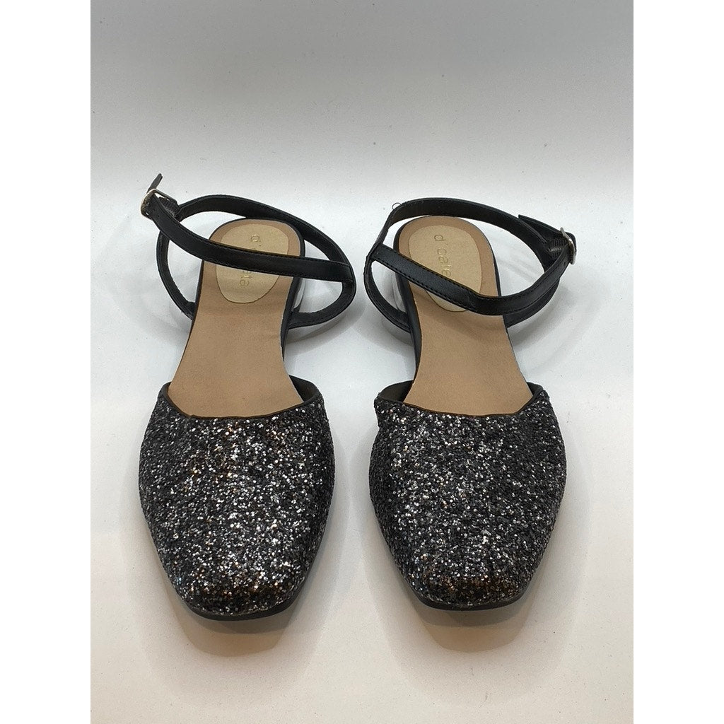 D'CALETA Women's Black Sequin Embellished Closed Toe Ankle Strap Flats SZ 9.5