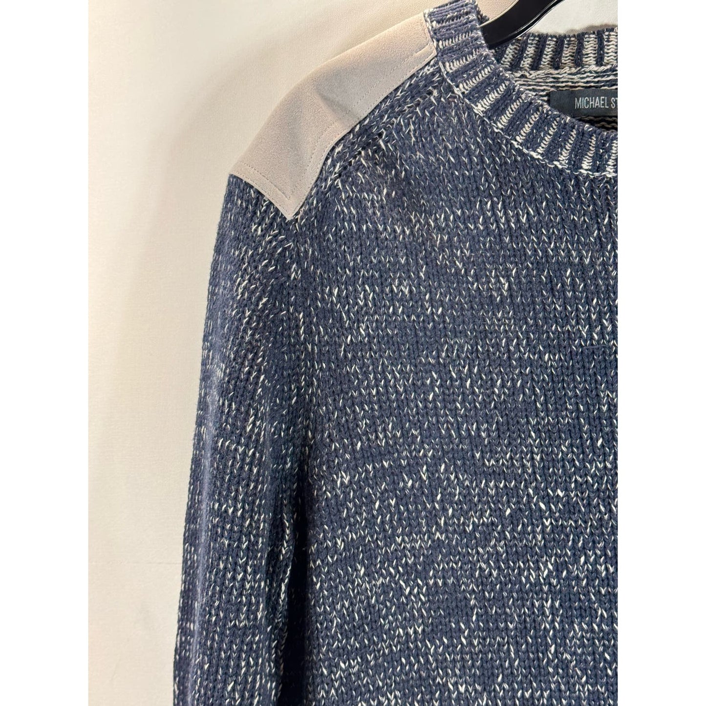 MICHAEL STARS Men's Navy/Gray Suede Yoke Crewneck Knit Pullover Sweater SZ L