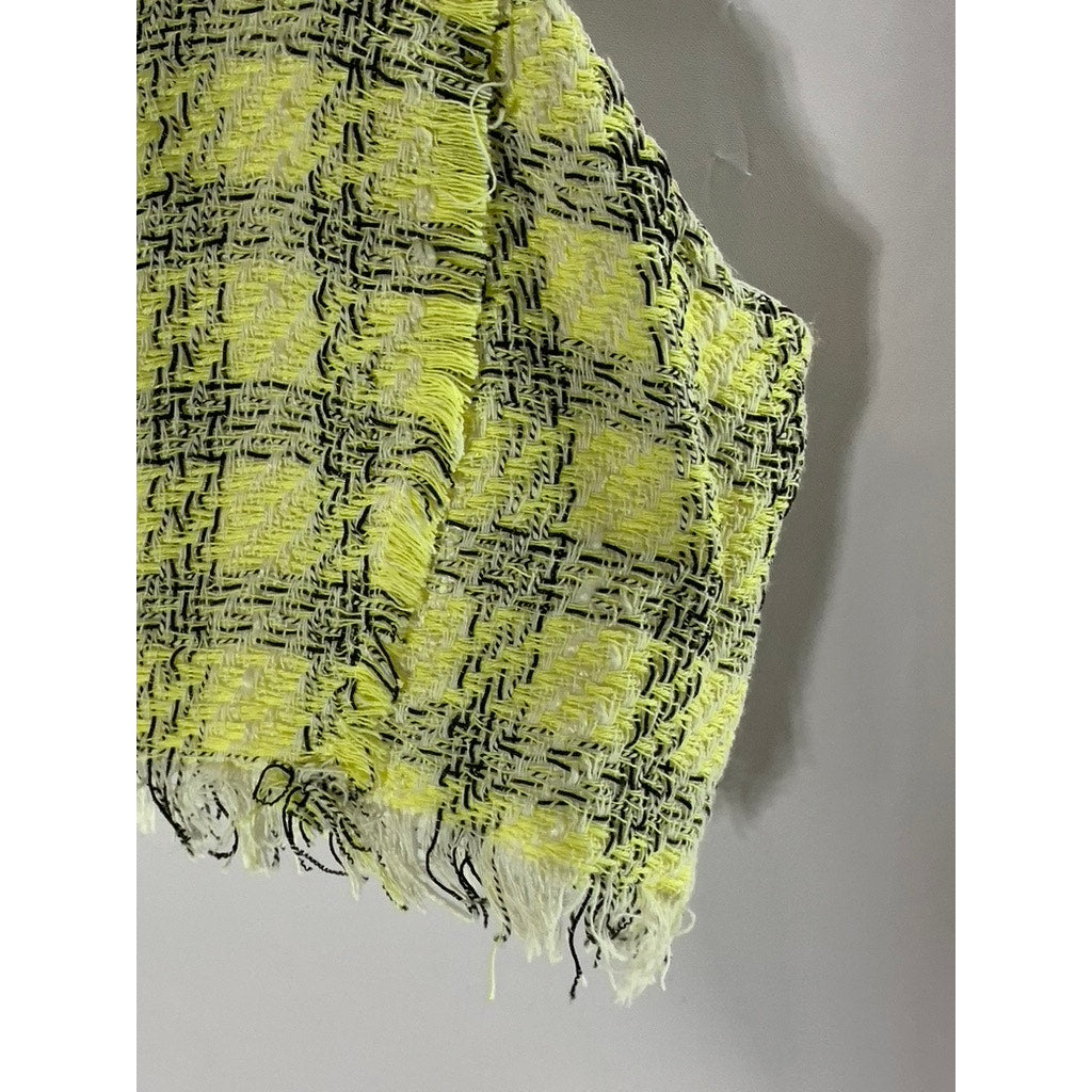 SHEIN Women's Yellow/Black Plaid Tweed Raw Cut Straight-Neck Crop Top SZ L