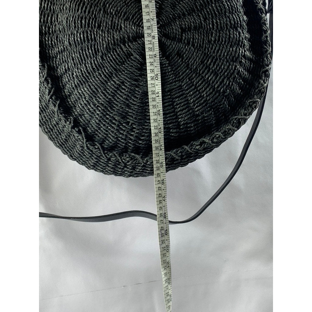 ABERCROMBIE & FITCH Women's Black Straw Woven Round Snap-Button Tote Bag