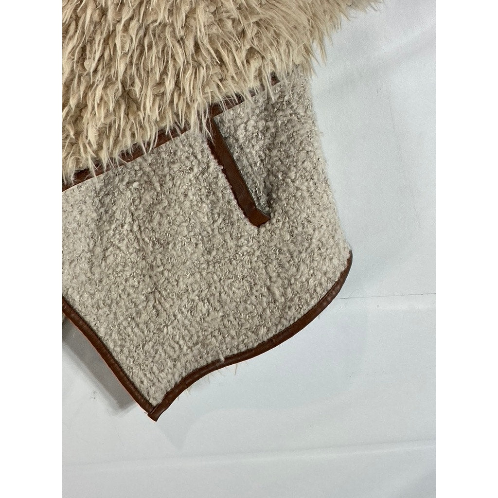 LOVE TREE Women's Beige/Brown Faux-Fur Sherpa Open-Front Vest SZ M