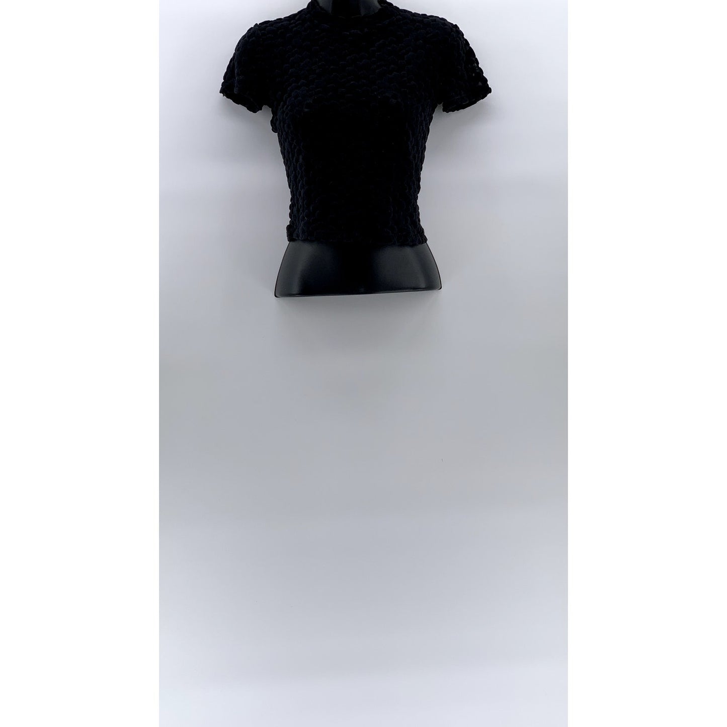 ZARA W&B Women's Black Mesh Textured Mock-Neck Short Sleeve Cropped Top SZ S