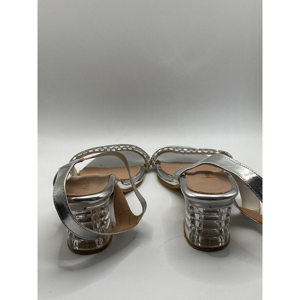 PATTERNZ Women's Silver Rhinestone Open-Toe Ankle-Strap Block Heel Sandals SZ 7