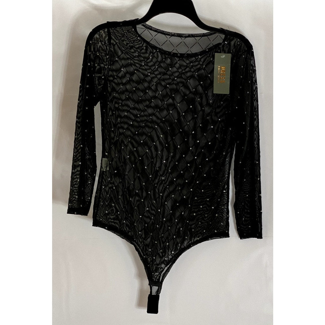 UNBRANDED Women's Black Mesh Glitter Diamond Detail Long Sleeve Bodysuit SZ S